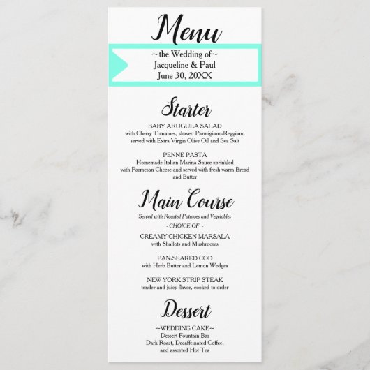 Turquoise White Monogram Wedding Menu (Voorkant)