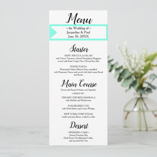 Turquoise White Monogram Wedding Menu (Staand voorkant)