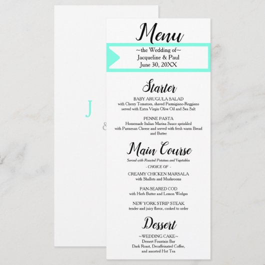 Turquoise White Monogram Wedding Menu (Voorkant / Achterkant)