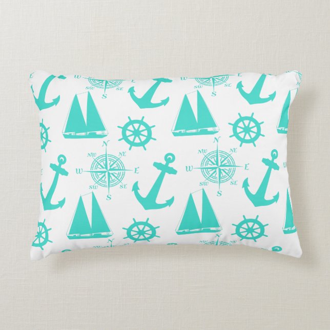 Turquoise White Nautical Coastal Boating Accent Kussen (Voorkant)
