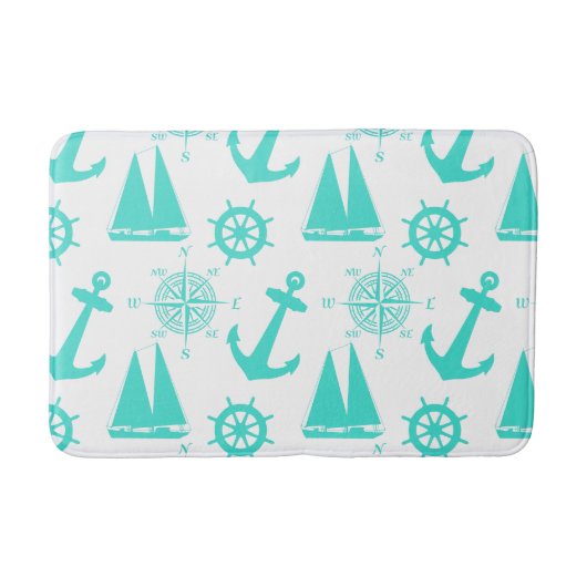 Turquoise White Nautical Coastal Boating Badmat (Voorkant)
