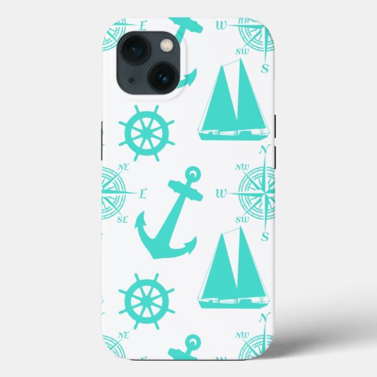 Turquoise White Nautical Coastal Boating Case-Mate iPhone Case (Achterkant)