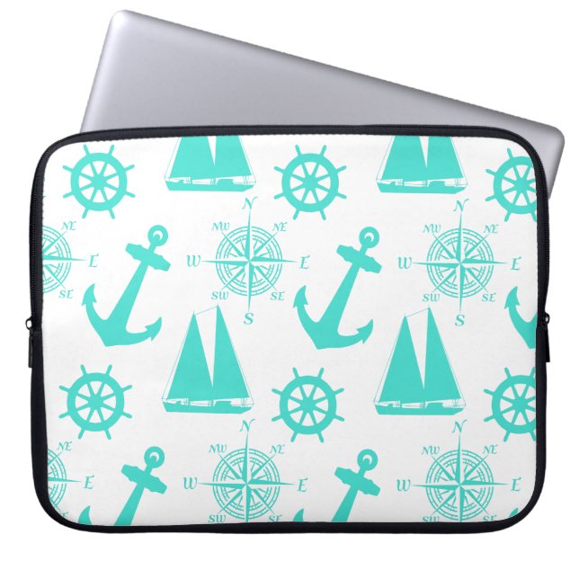 Turquoise White Nautical Coastal Boating Laptop Sleeve (Voorkant)