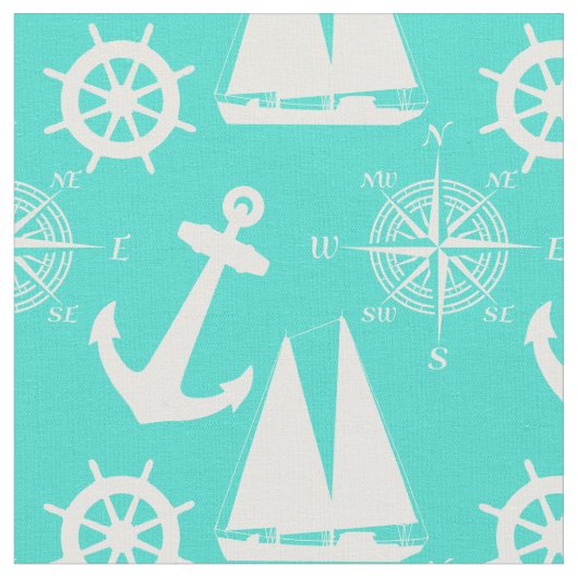 Turquoise White Nautical Coastal Boating Stof (Close Up)