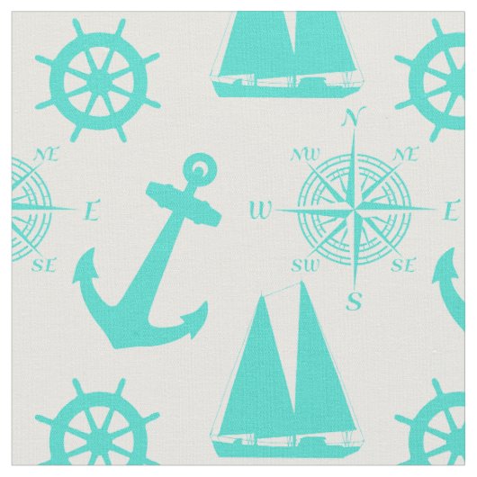 Turquoise White Nautical Coastal Boating Stof (Close Up)