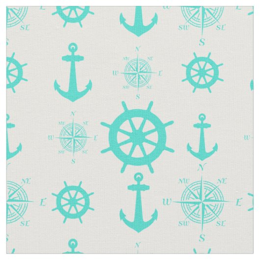 Turquoise White Nautical Coastal Boating Stof (Close Up)