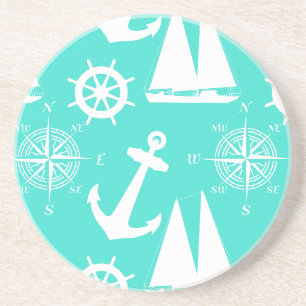 Turquoise White Nautical Coastal Boating Zandsteen Onderzetter