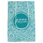 Turquoise & White  paisley Dammaskers Medium Cadeauzakje (Achterkant)