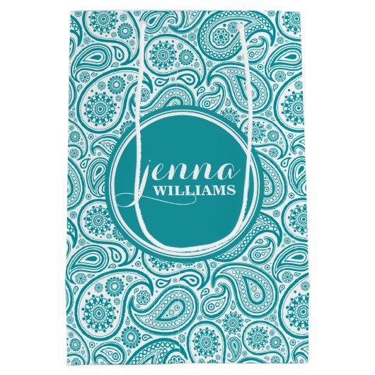 Turquoise & White  paisley Dammaskers Medium Cadeauzakje (Achterkant)