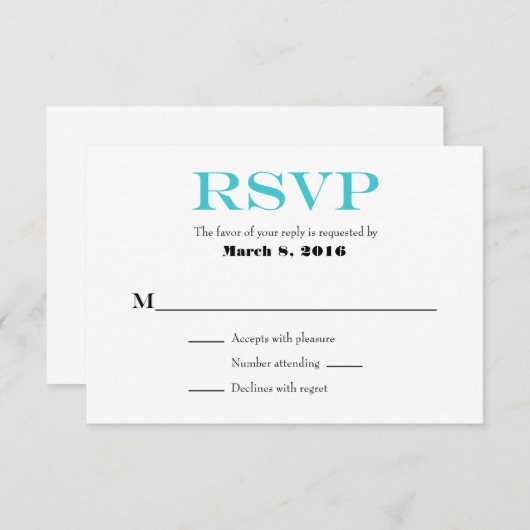 Turquoise White Plain Simple Wedding RSVP-kaarten RSVP Kaartje (Voorkant / Achterkant)