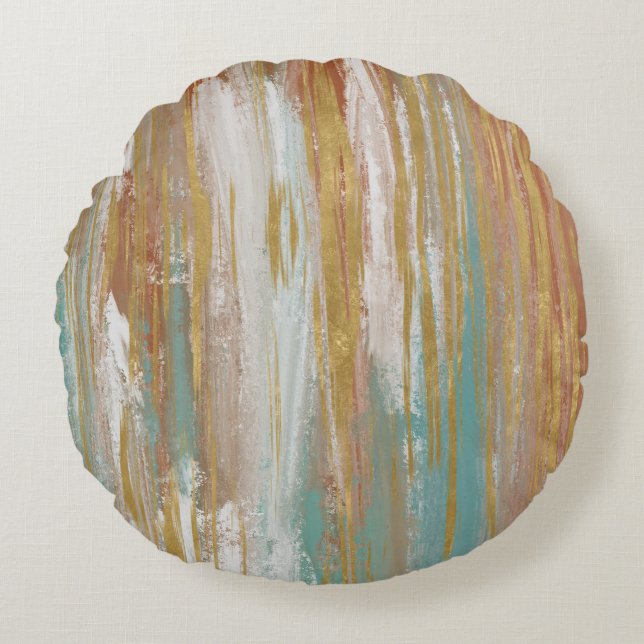 Turquoise, White, Red Ochre en Gold Abstract  Rond Kussen (Voorkant)