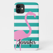 Turquoise White Stripe Personalized Pink Flamingo Case-Mate iPhone Case (Achterkant)