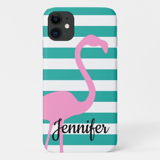 Turquoise White Stripe Personalized Pink Flamingo Case-Mate iPhone Case (Achterkant)