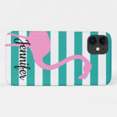 Turquoise White Stripe Personalized Pink Flamingo Case-Mate iPhone Case (Achterkant (horizontaal))