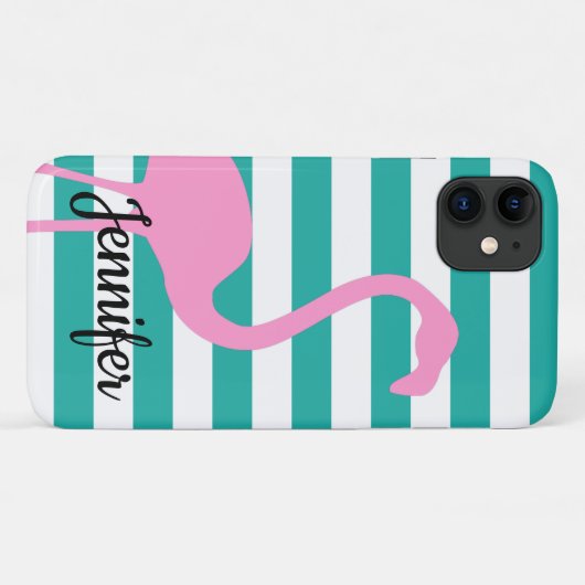 Turquoise White Stripe Personalized Pink Flamingo Case-Mate iPhone Case (Achterkant (horizontaal))