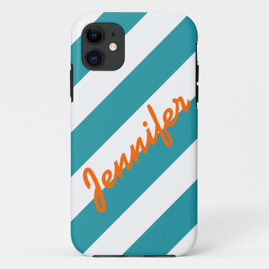 TURQUOISE WHITE STRIPES ORANJE NAAM Case-Mate iPhone CASE (Achterkant)