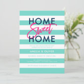 Turquoise & White Stripes Pink Housewarming Party Kaart (Staand voorkant)
