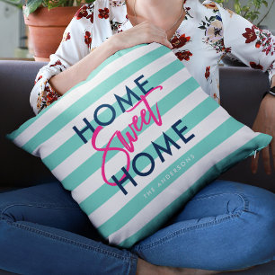 Turquoise & White Stripes Roze Home Sweet Home Kussen
