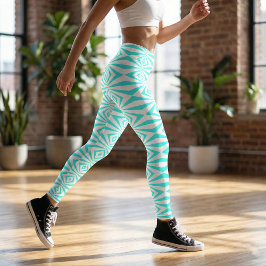 Turquoise & White Stylish op Art Geometric Pattern Leggings
