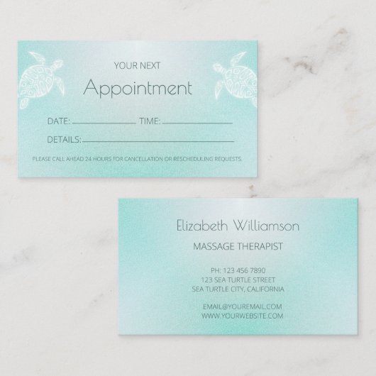 Turquoise White Turtles Appointment Card Visitekaartje (Voorkant / Achterkant)