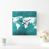 turquoise&white world map time vierkante klok (Huis)