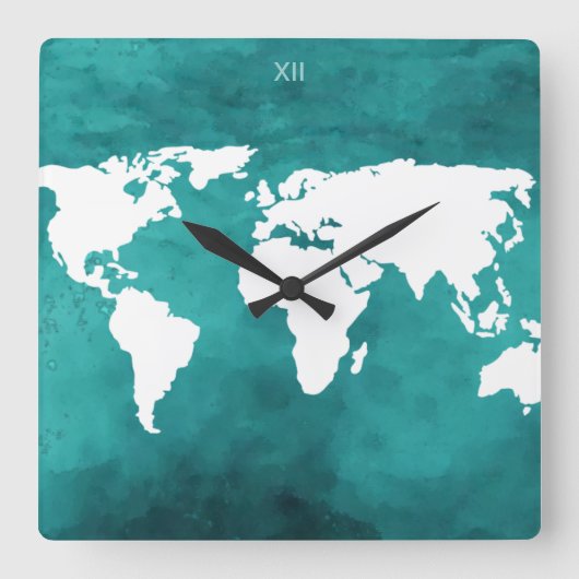 turquoise&white world map time vierkante klok (Voorkant)