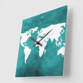 turquoise&white world map time vierkante klok (Hoek)