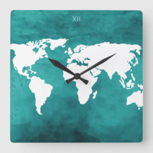 turquoise&white world map time vierkante klok