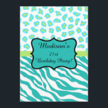 Turquoise White Zebra Leopard 21st Birthday Party Kaart<br><div class="desc">Pas deze kleurrijke turkooisuitnodiging aan voor een 21ste verjaardagsfeestje. Het ontwerp is voorzien van turquoise blauwgroen blauwe zebrastrepen en luipskins (cheetah) gecombineerd voor een modern en trendy ontwerp. Een turquoise blauwgroen blauw embleem dat in zwarte punten op een kalkgroene strook wordt geschetst en creëer een gebied van de naamverpersoonlijking, met...</div>