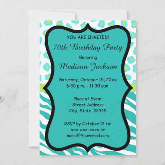 Turquoise White Zebra Leopard 70th Birthday Party Kaart (Achterkant)
