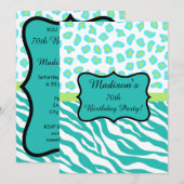 Turquoise White Zebra Leopard 70th Birthday Party Kaart (Voorkant / Achterkant)