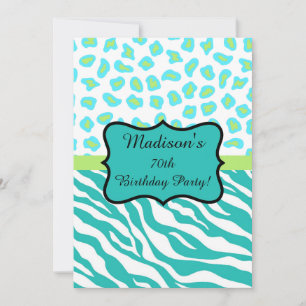 Turquoise White Zebra Leopard 70th Birthday Party Kaart