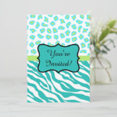 Turquoise White Zebra Leopard Invitation Kaart (Staand voorkant)