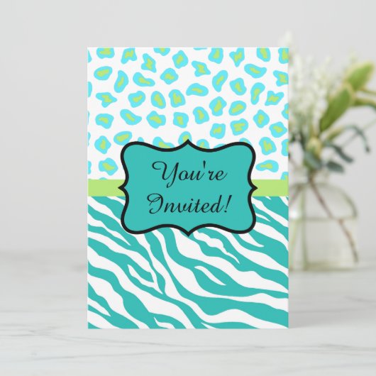 Turquoise White Zebra Leopard Invitation Kaart (Staand voorkant)
