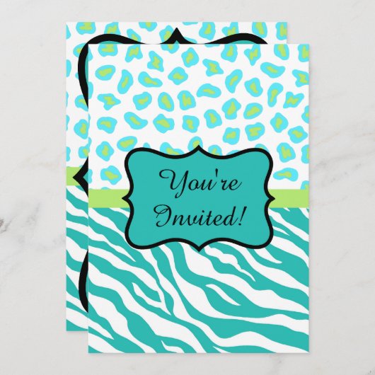 Turquoise White Zebra Leopard Invitation Kaart (Voorkant / Achterkant)