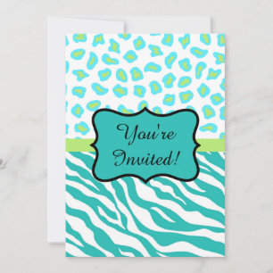 Turquoise White Zebra Leopard Invitation Kaart