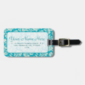 Turquoise & WhiteBloemen Damasks-Gepersonaliseerd Bagagelabel (Voorkant horizontaal)