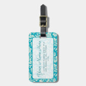 Turquoise & WhiteBloemen Damasks-Gepersonaliseerd Bagagelabel (Voorkant verticaal)