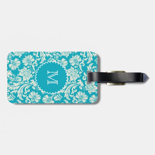 Turquoise & WhiteBloemen Damasks-Gepersonaliseerd Bagagelabel (Achterkant horizontaal)