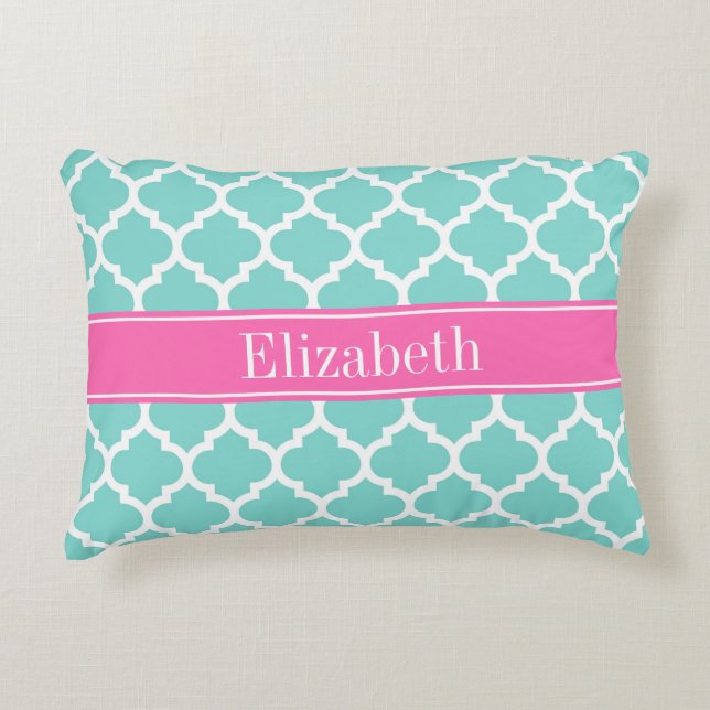 Turquoise WhMoroccan #5 Hot Pink2 Name Monogram Decoratief Kussen (Voorkant)