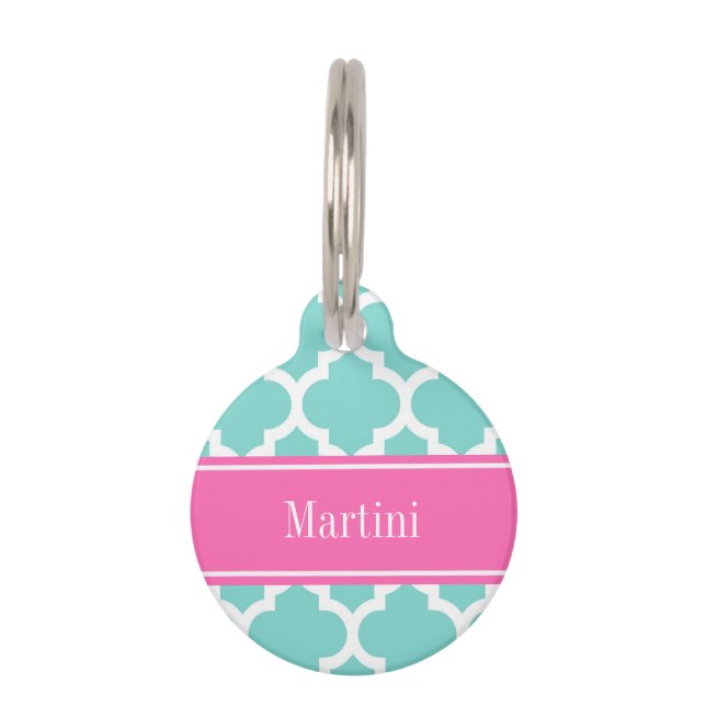 Turquoise WhMoroccan #5 Hot Pink2 Name Monogram Huisdierpenning (Voorkant)