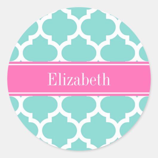 Turquoise WhMoroccan #5 Hot Pink2 Name Monogram Ronde Sticker (Voorkant)
