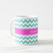 Turquoise Wht Chevron Hot Pink Name Monogram Koffiemok (Voorkant links)