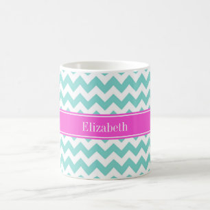 Turquoise Wht Chevron Hot Pink Name Monogram Koffiemok