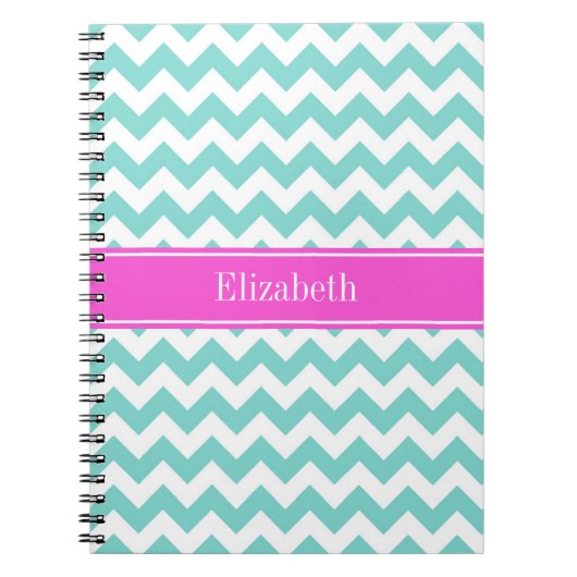 Turquoise Wht Chevron Hot Pink Name Monogram Notitieboek (Voorkant)