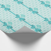 Turquoise Wht Damask #2 Turquoise Label Bow Cadeaupapier (Hoek)