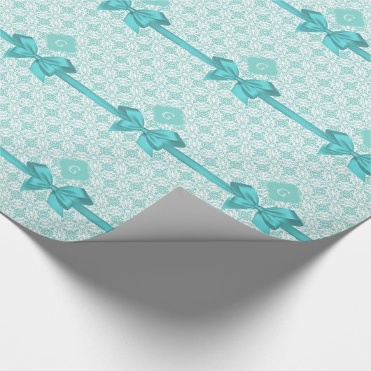 Turquoise Wht Damask #2 Turquoise Label Bow Cadeaupapier (Hoek)