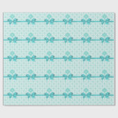 Turquoise Wht Damask #2 Turquoise Label Bow Cadeaupapier (Vlak)