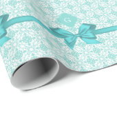 Turquoise Wht Damask #2 Turquoise Label Bow Cadeaupapier (Rol Hoek)