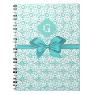 Turquoise Wht Damask #2 Turquoise Label Bow Notitieboek